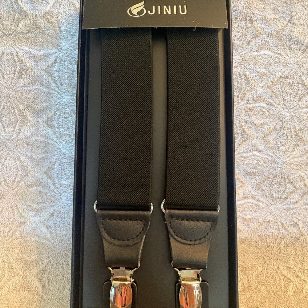 Jiniu Men's BLACK SUSPENDERS Silver Clip NEW